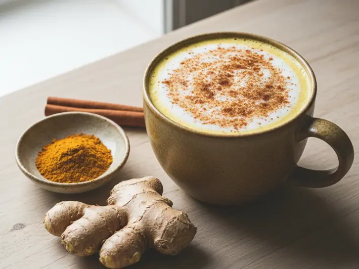 Taza de leche dorada casera con cúrcuma, canela y jengibre fresco