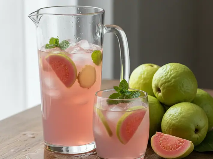 Agua fresca de guayaba con jengibre y hierbabuena servida con hielo