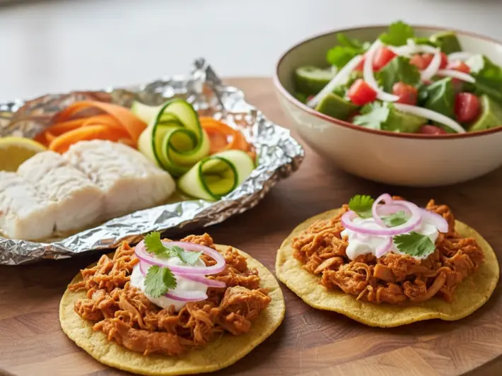 Recetas fáciles saludables: tinga de pollo en tostadas horneadas, pescado empapelado y ensalada de nopales